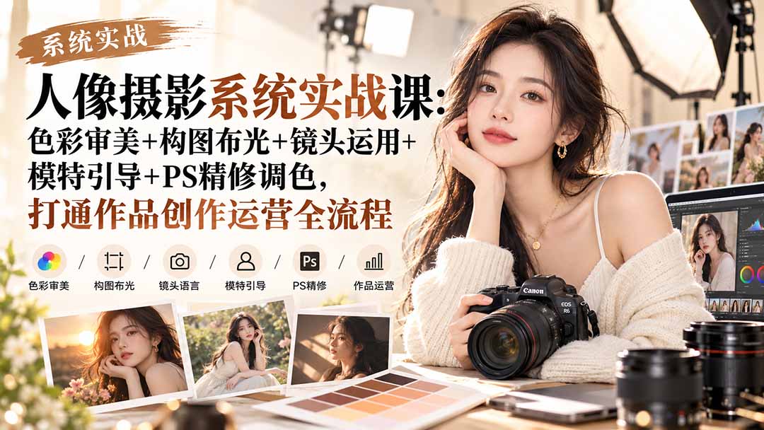 【无水印】人像摄影系统实战课：色彩审美+构图布光+镜头运用+模特引导+PS精修调色，打通作品创作运营全流程-资源V站