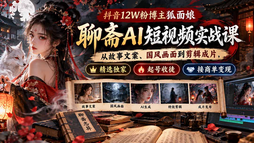 抖音12W粉博主狐面娘-聊斋AI短视频实战课：从故事文案、国风画面到剪辑成片，精选独家+起号收徒+接商单变现-资源V站