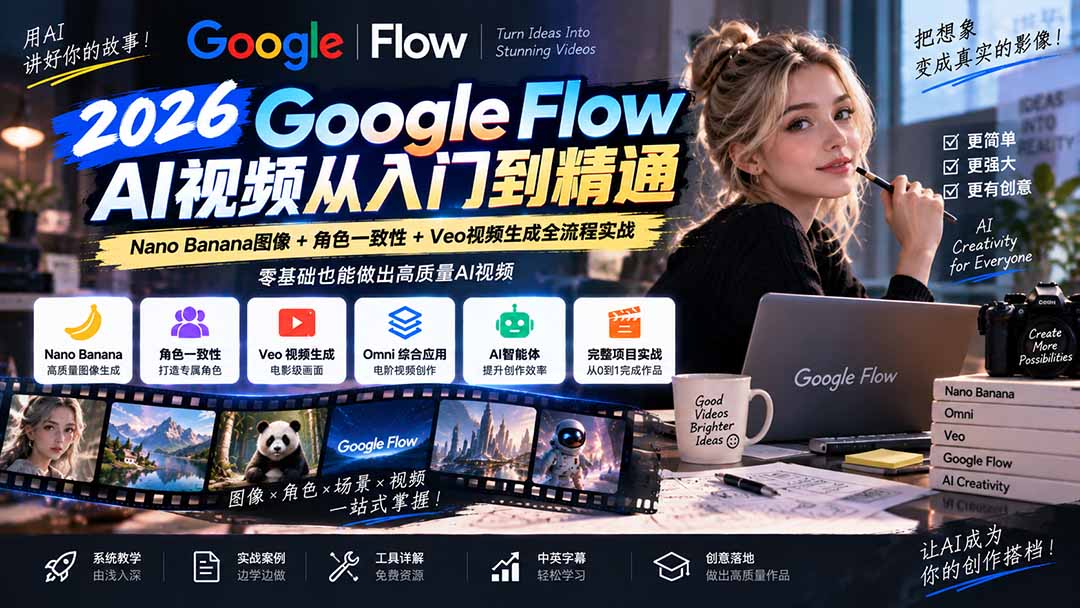 【无水印】Google Flow AI视频从入门到精通：Nano Banana图像+角色一致性+Veo视频生成全流程实战-精翻中英字幕-资源V站