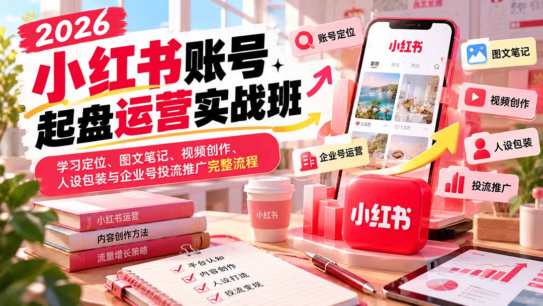 2026小红书账号起盘运营实战班：学习定位、图文笔记、视频创作、人设包装与企业号投流推广完整流程-资源V站