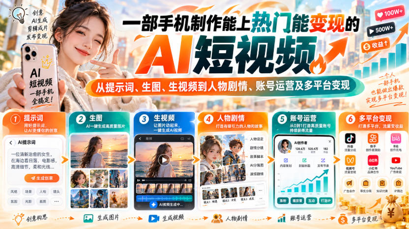 【无水印】一部手机制作能上热门能变现的AI短视频，从提示词、生图、生视频到人物剧情、账号运营及多平台变现-资源V站