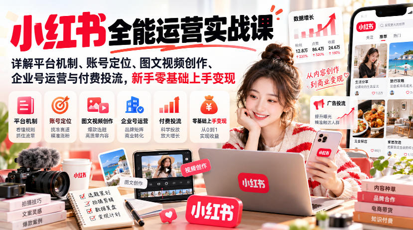 小红书全能运营实战课，详解平台机制、账号定位、图文视频创作、企业号运营与付费投流，新手零基础上手变现-资源V站