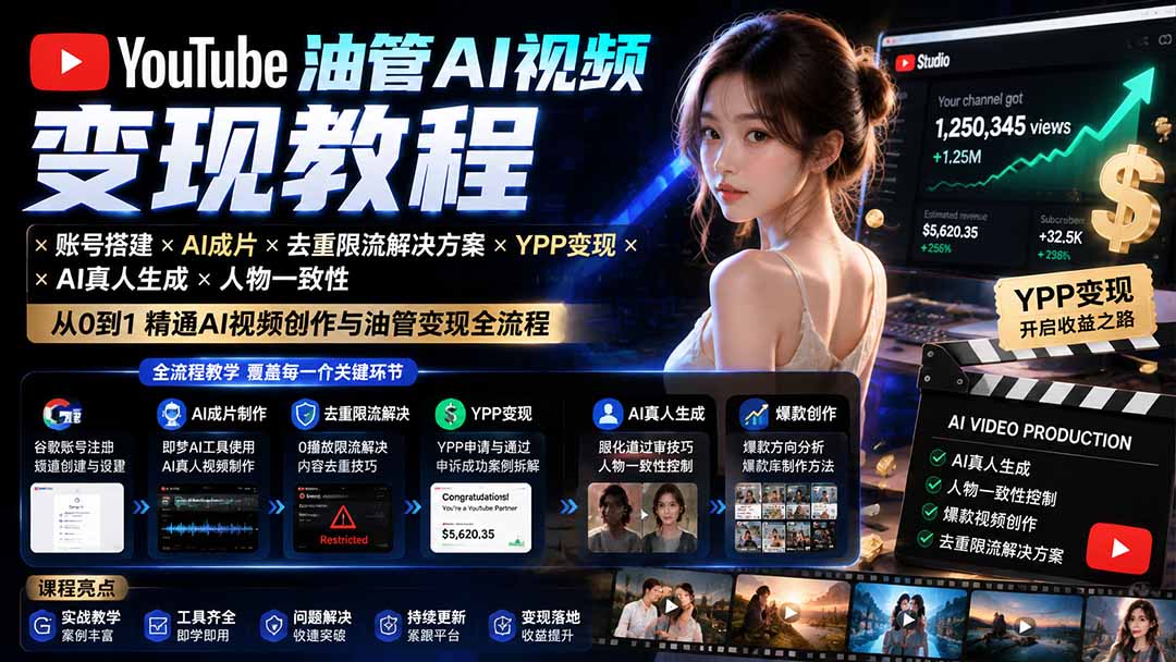 YouTube油管AI视频变现教程-更新0926：账号搭建×AI成片×去重限流解决方案×YPP变现×AI真人生成×人物一致性-资源V站