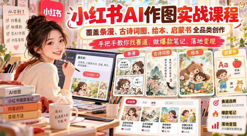 小红书AI作图实战课程，覆盖条漫、古诗词图、绘本、启蒙书全品类创作，手把手教你找赛道、做爆款笔记、落地变现-资源V站