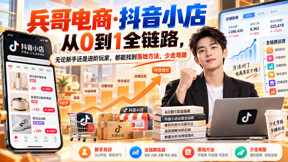 【无水印】兵哥电商·抖音小店从0到1全链路，无论新手还是进阶玩家，都能找到落地方法，少走弯路(更新9月)-资源V站