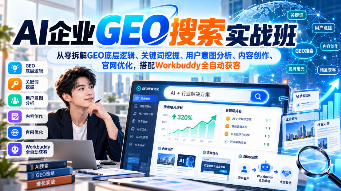 AI企业GEO搜索实战班，从零拆解GEO底层逻辑、关键词挖掘、用户意图分析、内容创作、官网优化，搭配Workbuddy全自动获客-资源V站