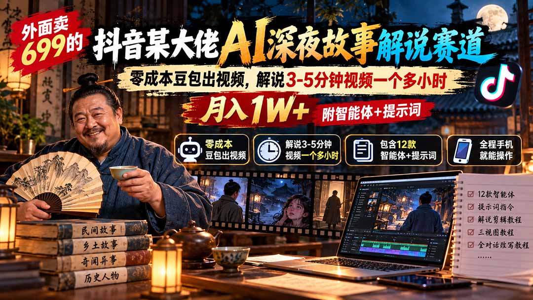 外面卖699的抖音某大佬AI深夜故事解说赛道：零成本豆包出视频，解说3-5分钟视频一个多小时，月入1W+附智能体+提示词-资源V站