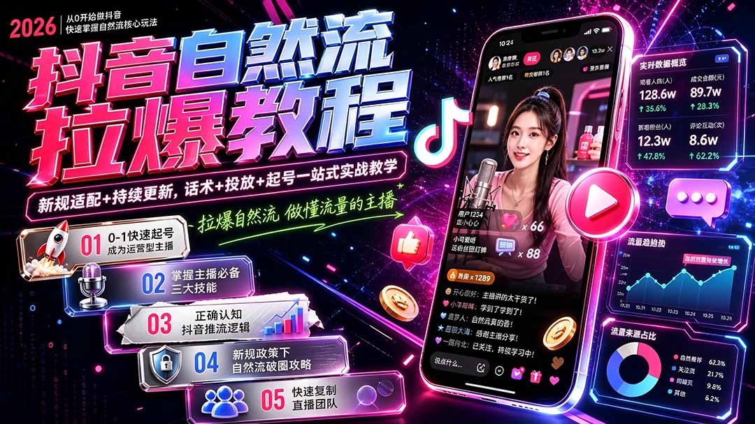 抖音自然流拉爆教程-更新9月：做懂流量的主播，新规适配+持续更新，话术+投放+起号一站式实战教学-资源V站