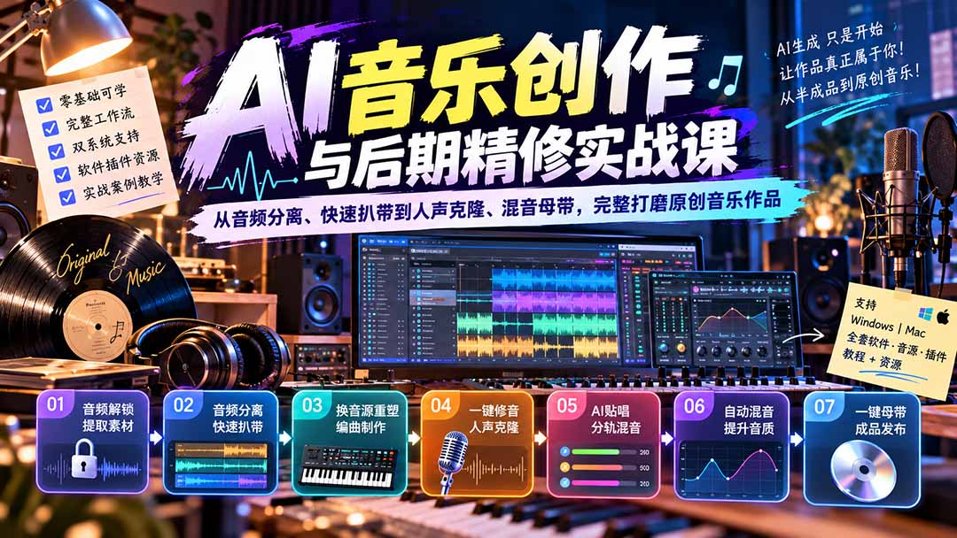AI音乐创作与后期精修实战课：从音频分离、快速扒带到人声克隆、混音母带，完整打磨原创音乐作品-资源V站