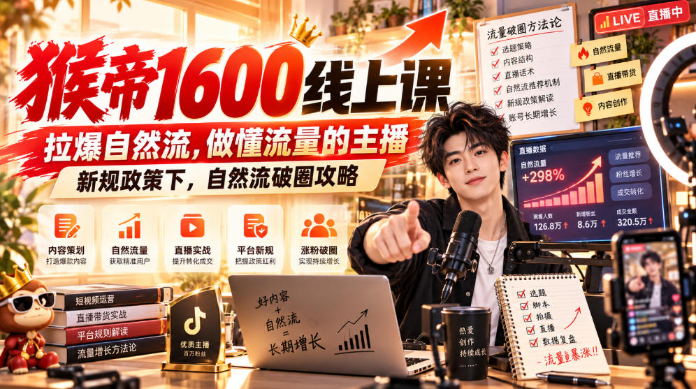 猴帝1600线上课，拉爆自然流，做懂流量的主播，新规政策下，自然流破圈攻略【更新260926】-资源V站