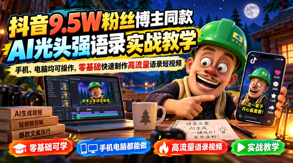 抖音9.5W粉丝博主同款AI光头强语录实战教学，手机、电脑均可操作，零基础快速制作高流量语录短视频-资源V站