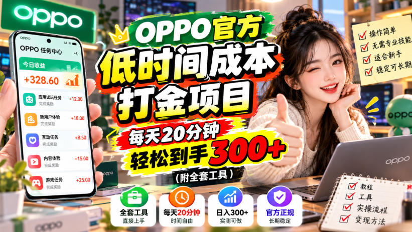 OPPO官方低时间成本打金项目，每天20分钟，轻松到手300+(附全套工具)【揭秘】-资源V站