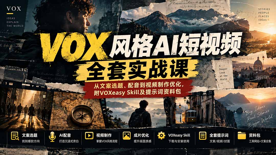 【无水印】VOX风格AI短视频全套实战课：从文案选题、配音到视频制作优化，附VOXeasy Skill及提示词资料包-资源V站