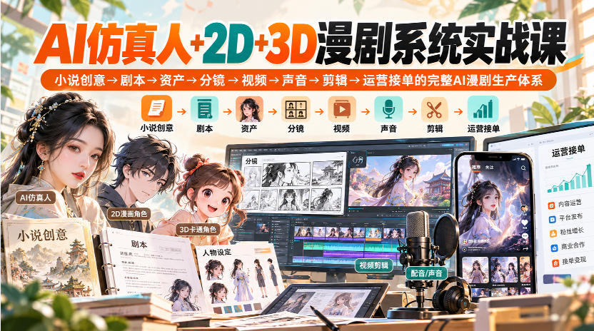 【无水印】AI仿真人+2D+3D漫剧系统实战课，小说创意→剧本→资产→分镜→视频→声音→剪辑→运营接单的完整AI漫剧生产体系-资源V站