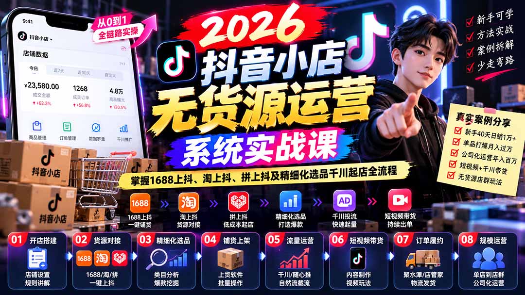 【无水印】2026抖音小店无货源运营系统实战课：掌握1688上抖、淘上抖、拼上抖及精细化选品千川起店全流程-资源V站