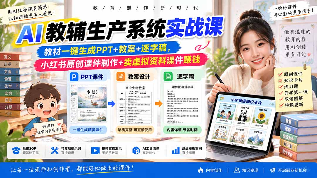 AI教辅生产系统实战课-更新0926｜教材一键生成PPT+教案+逐字稿，小红书原创课件制作+卖虚拟资料课件赚钱-资源V站