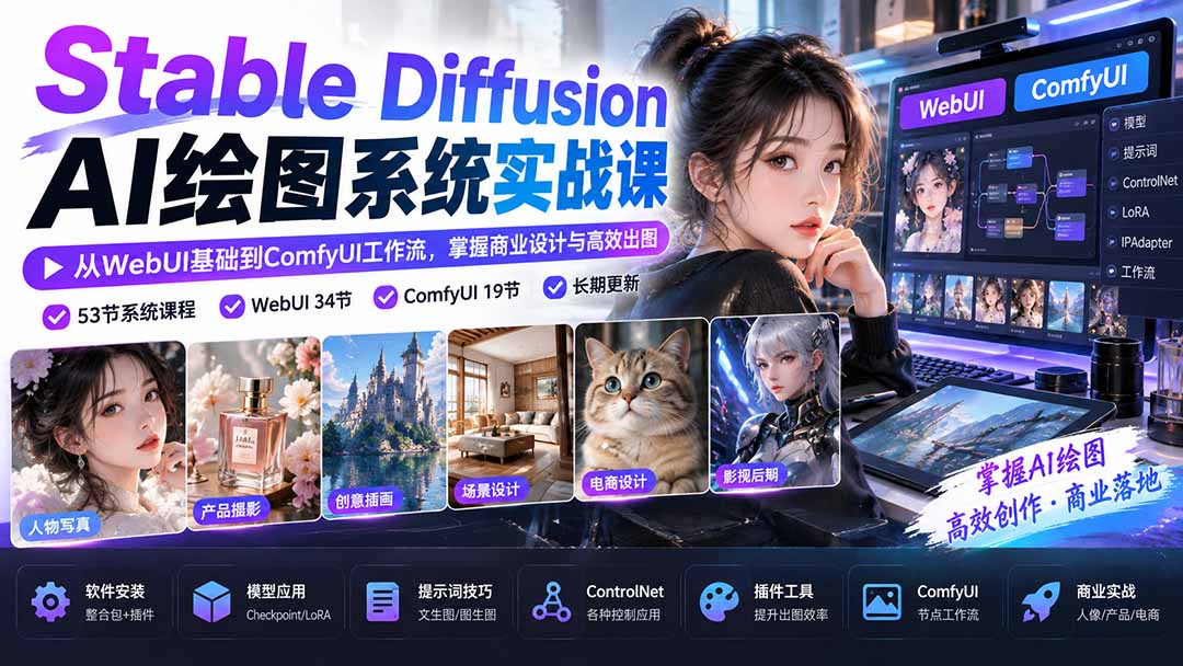 【无水印】Stable Diffusion AI绘图系统实战课：从WebUI基础到ComfyUI工作流，掌握商业设计与高效出图-资源V站