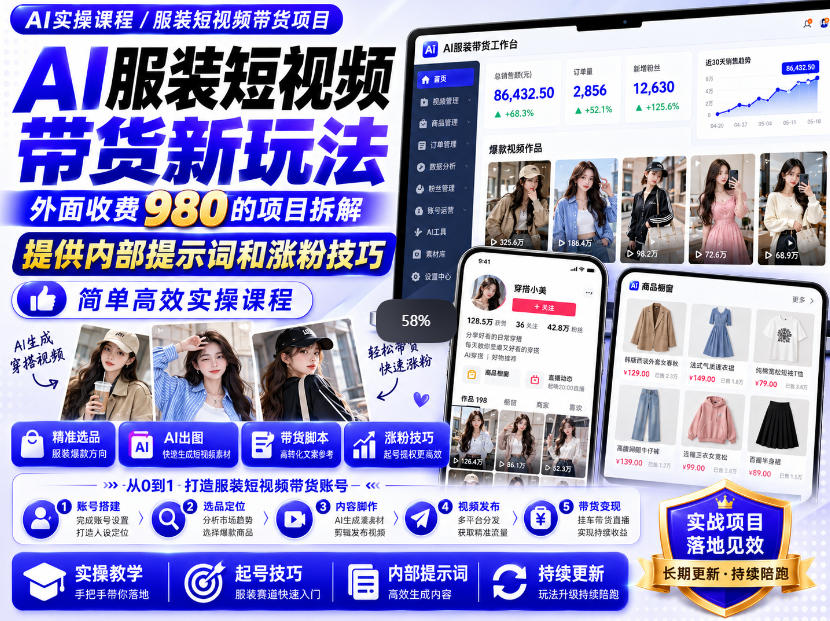 外面收费980AI快手带货系统课程，内部课程首次外放，操作简单高效，一分钟一条爆款视频-资源V站