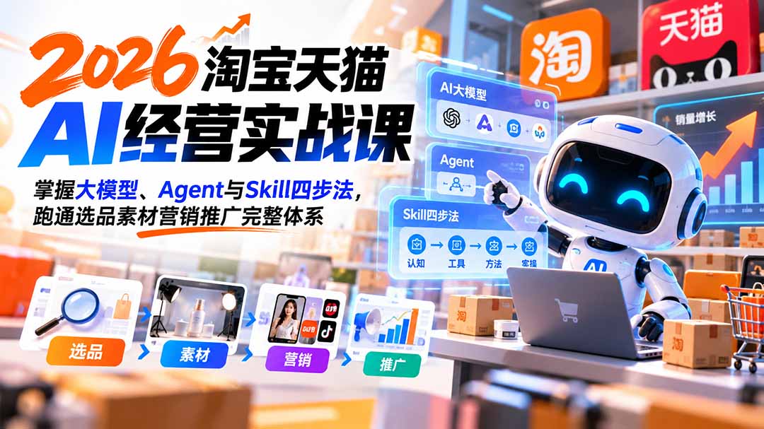 【无水印】2026淘宝天猫AI经营实战课：掌握大模型、Agent与Skill四步法，跑通选品素材营销推广完整体系-资源V站
