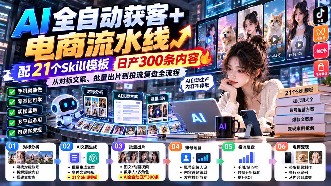 【无水印】AI全自动获客+电商流水线：配21个Skill模板，日产300条内容，从对标文案、批量出片到投流复盘全流程-资源V站