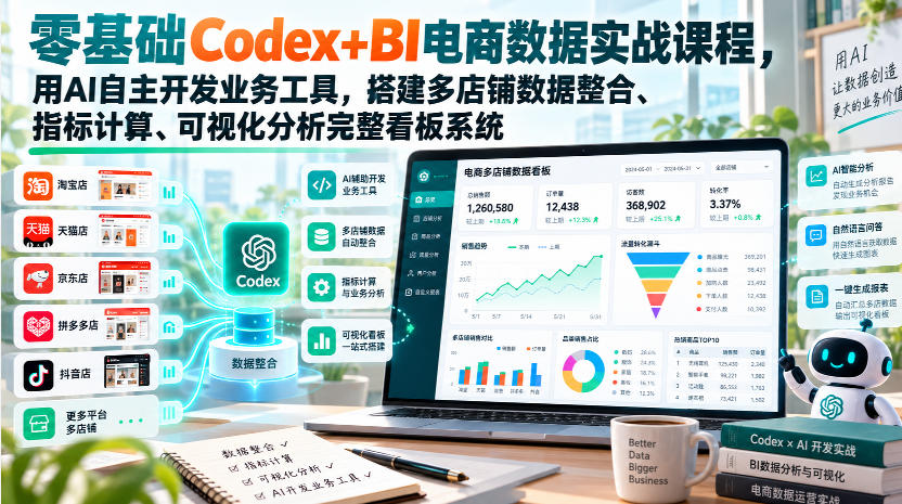 零基础Codex+BI电商数据实战课程，用AI自主开发业务工具，搭建多店铺数据整合、指标计算、可视化分析完整看板系统-资源V站