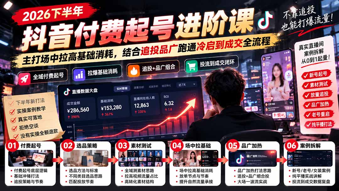 2026下半年抖音付费起号进阶课：主打场中拉高基础消耗，结合追投品广跑通冷启到成交全流程-资源V站