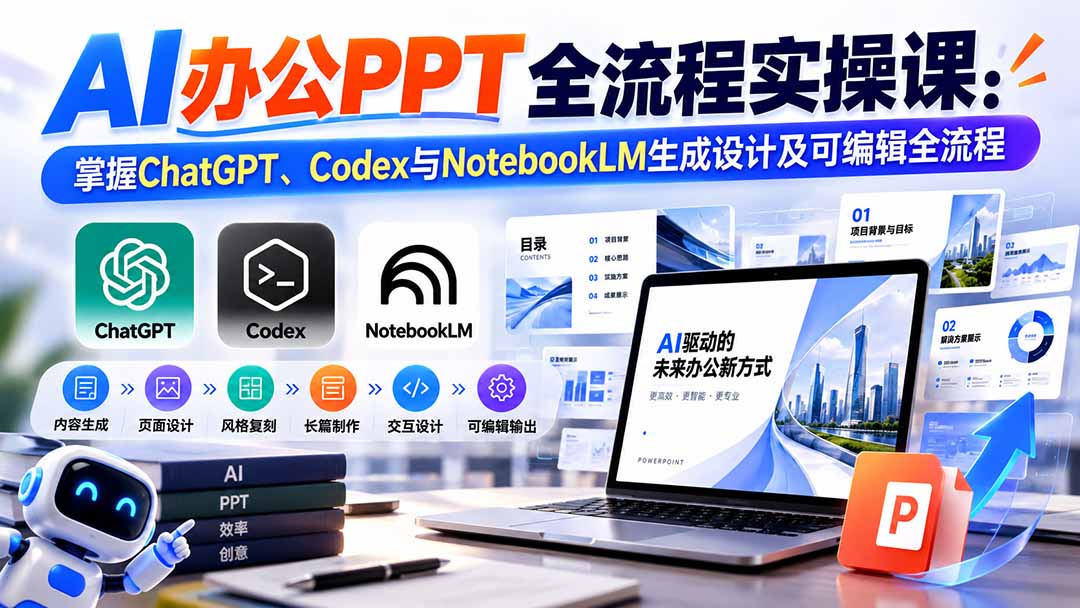 【无水印】AI办公PPT全流程实操课： 掌握ChatGPT、Codex与NotebookLM生成设计及可编辑全流程-资源V站