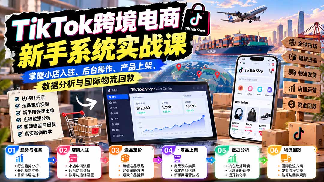 TikTok跨境电商新手系统实战课：掌握小店入驻、后台操作、产品上架、数据分析与国际物流回款-资源V站