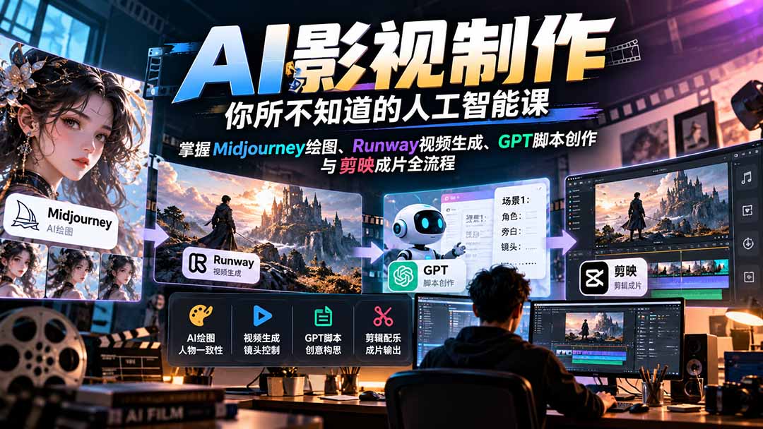 【无水印】AI影视制作-你所不知道的人工智能课，掌握Midjourney绘图、Runway视频生成、GPT脚本创作与剪映成片全流程-资源V站