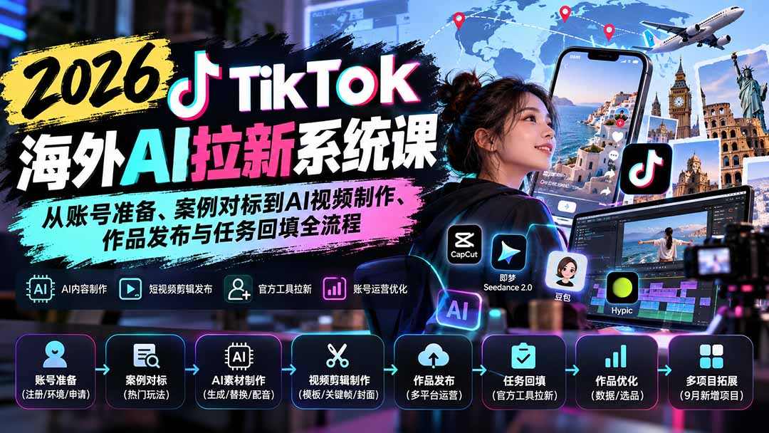 【无水印】2026 TikTok海外AI拉新系统课：从账号准备、案例对标到AI视频制作、作品发布与任务回填全流程-资源V站