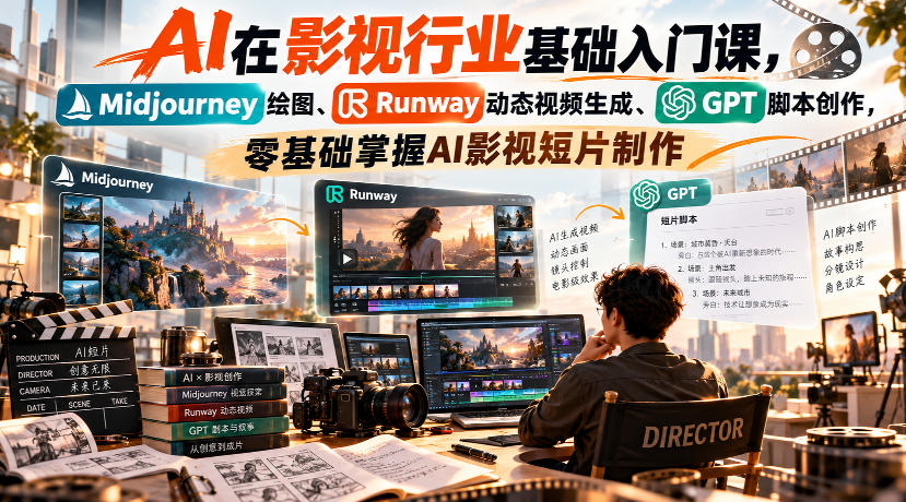 【无水印】AI在影视行业基础入门课，Midjourney绘图、Runway动态视频生成、GPT脚本创作，零基础掌握AI影视短片制作-资源V站