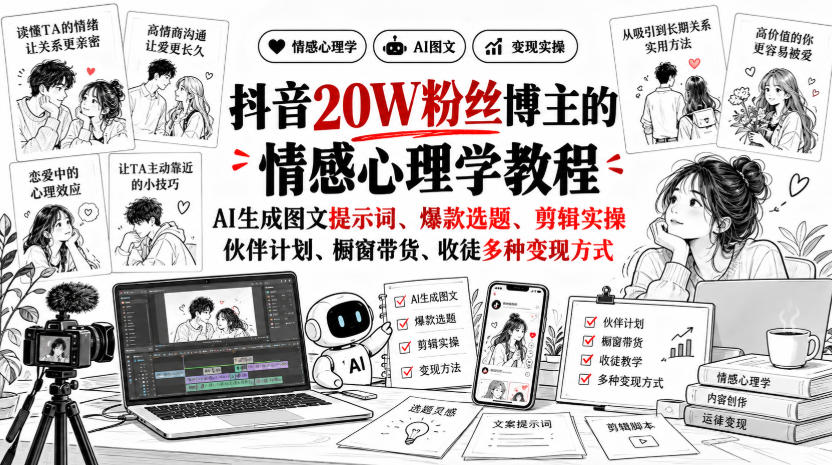 抖音20W粉丝博主静候心声的情感心理学教程，AI生成图文提示词、爆款选题、剪辑实操，伙伴计划、橱窗带货、收徒多种变现方式-资源V站