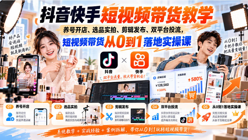 抖音快手短视频带货教学｜养号开店、选品实拍、剪辑发布、双平台投流，短视频带货从0到1落地实操课-资源V站