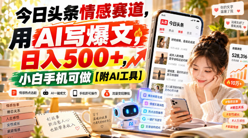 今日头条情感赛道，用AI写爆文，日入500+，小白手机可做【附AI工具】-资源V站