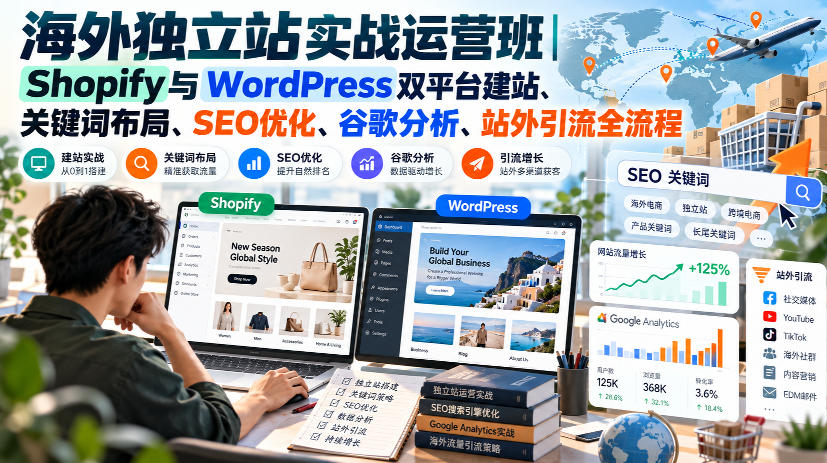 海外独立站实战运营班｜Shopify与WordPress双平台建站、关键词布局、SEO优化、谷歌分析、站外引流全流程-资源V站