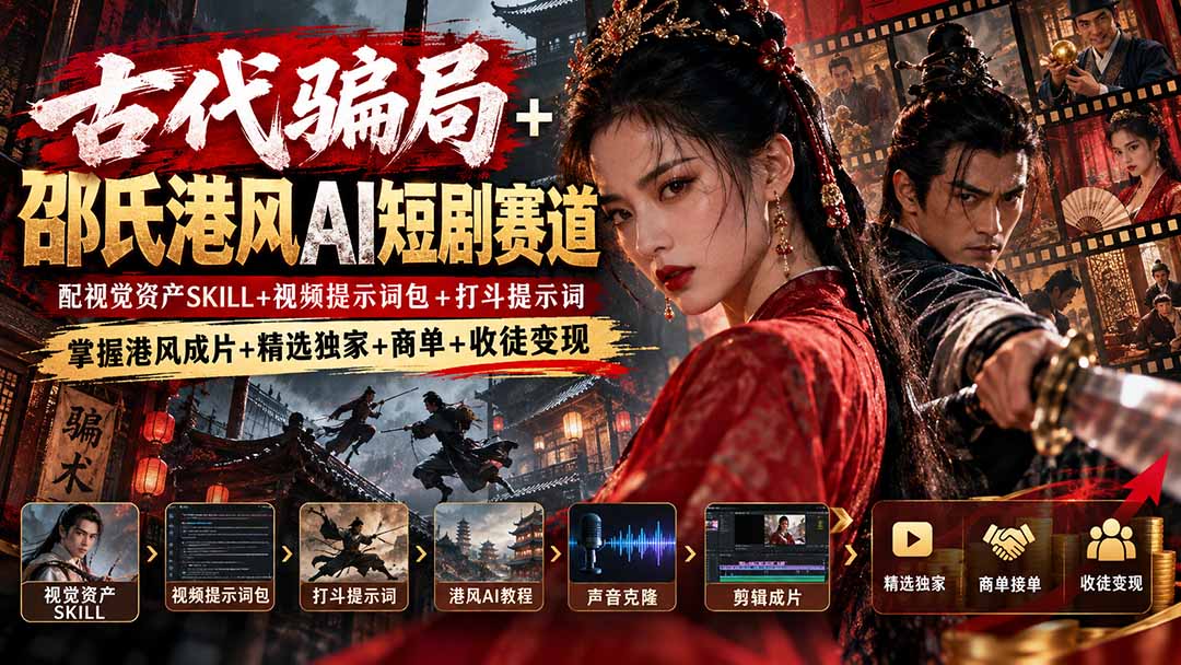 古代骗局+邵氏港风AI短剧赛道：配视觉资产SKILL+视频提示词包+打斗提示词，掌握港风成片+精选独家+商单+收徒变现-资源V站