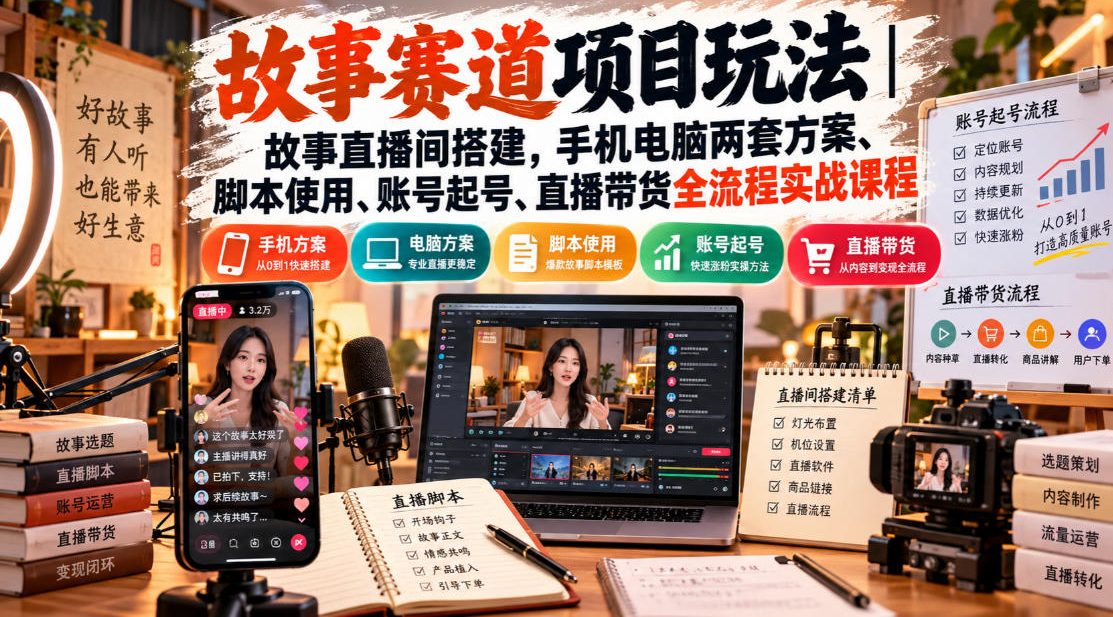 故事赛道项目玩法｜故事直播间搭建，手机电脑两套方案、脚本使用、账号起号、直播带货全流程实战课程-资源V站