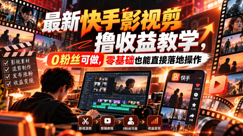 最新快手影视混剪撸收益教学，0粉丝可做，零基础也能直接落地操作-资源V站
