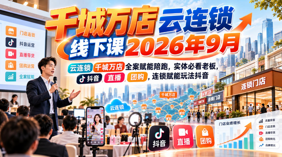 千城万店云连锁线下课2026年9月，云连锁千城万店全案赋能陪跑，实体必看老板，抖音，直播，团购，连锁赋能玩法抖音-资源V站