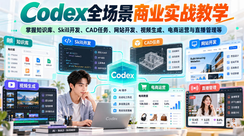 【无水印】Codex全场景商业实战教学，掌握知识库、Skill开发、CAD任务、网站开发、视频生成、电商运营与直播管理等-资源V站