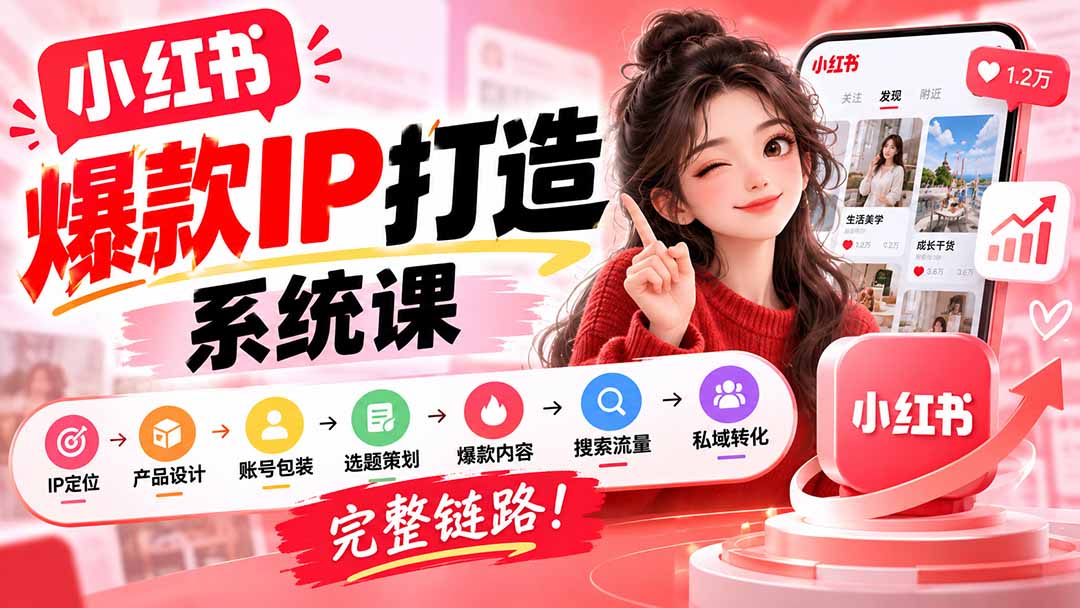 【无水印】小红书爆款IP打造课：IP定位→产品设计→账号包装→选题策划→爆款内容→搜索流量→私域转化，完整链路-资源V站
