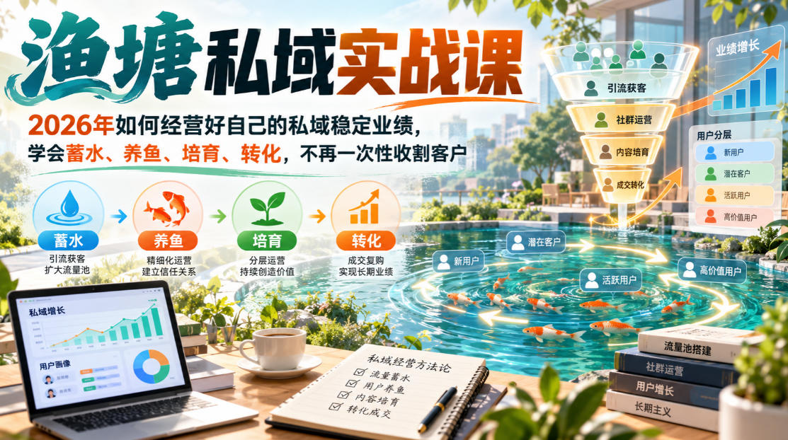 渔塘私域实战课，2026年如何经营好自己的私域稳定业绩，学会蓄水、养鱼、培育、转化，不再一次性收割客户-资源V站