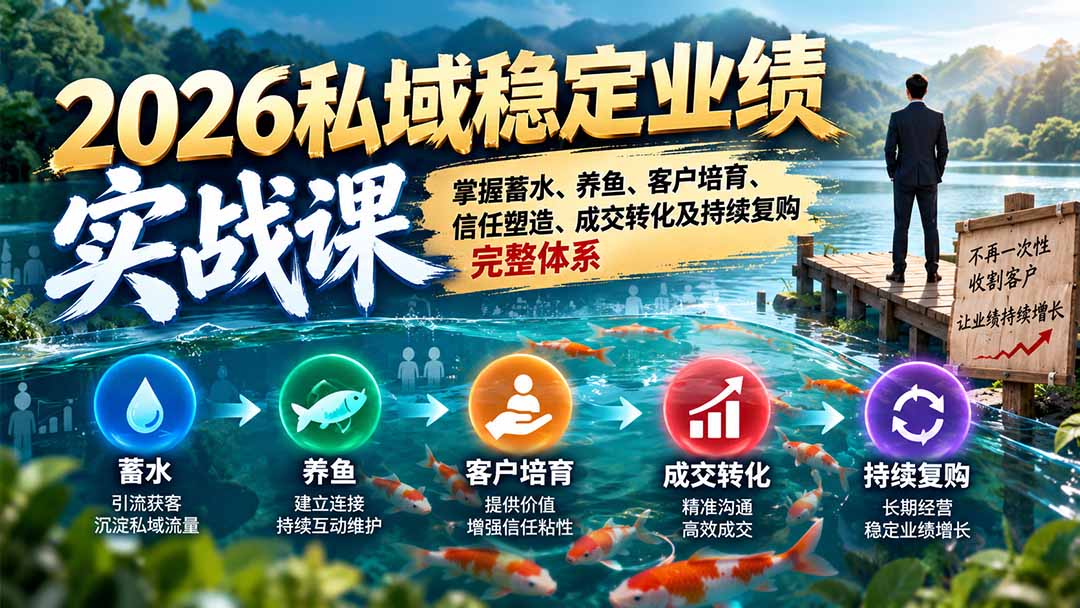 2026私域稳定业绩实战课：掌握蓄水、养鱼、客户培育、信任塑造、成交转化及持续复购完整体系-资源V站