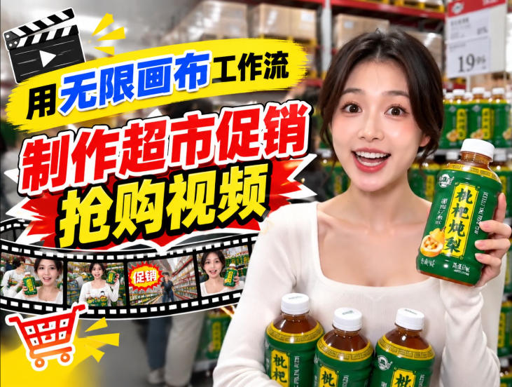 无限画布超市促销抢购视频工作流，一键产出TikTok抖音带货短视频-资源V站