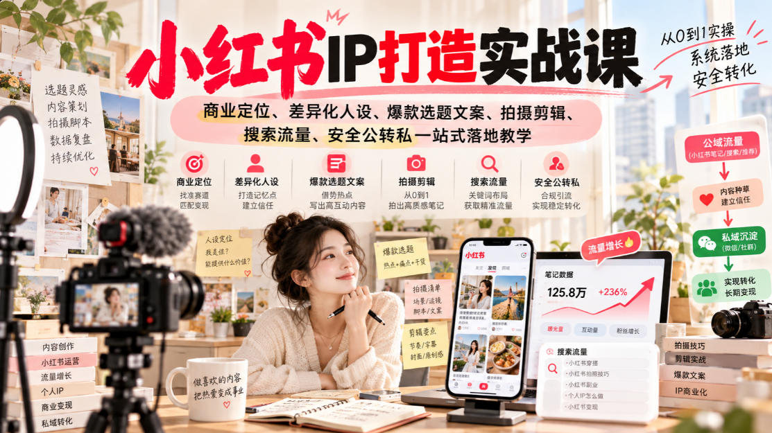 小红书ip打造实战课，商业定位、差异化人设、爆款选题文案、拍摄剪辑、搜索流量、安全公转私一站式落地教学-资源V站
