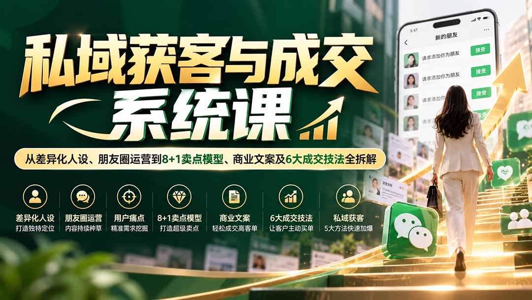 私域获客与成交系统课：从差异化人设、朋友圈运营到8+1卖点模型、商业文案及6大成交技法全拆解-资源V站