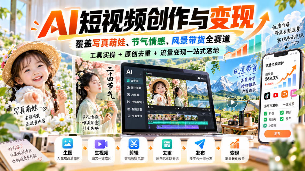AI短视频创作与变现，覆盖写真萌娃、节气情感、风景带货全赛道，工具实操+原创去重+流量变现一站式落地-资源V站