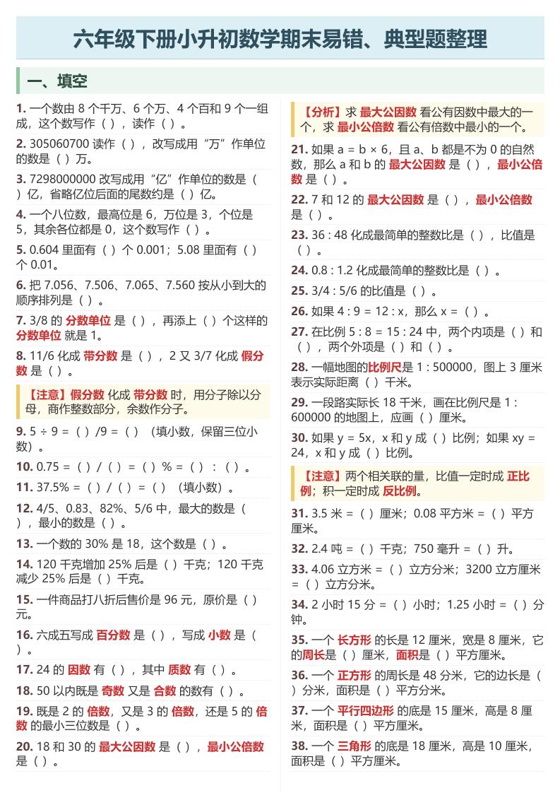 六年级下数学期末常考易错、典型题整理-资源V站