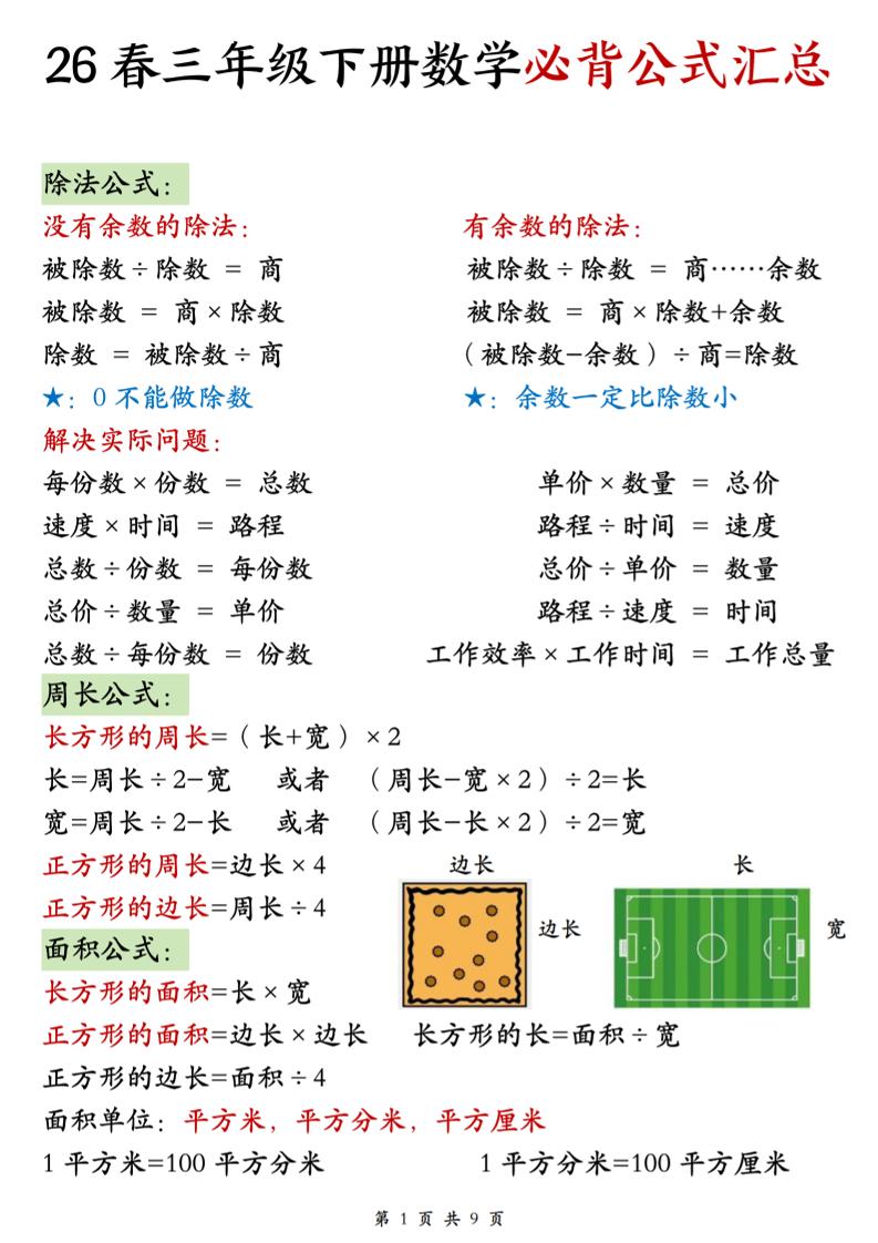 26春三年级下数学期末必背公式汇总-资源V站