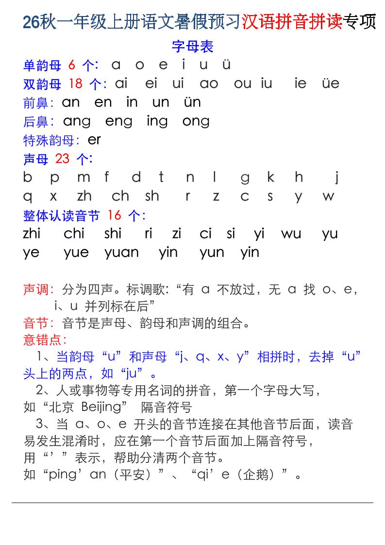 26秋一年级上册语文暑假预习汉语拼音拼读专项-资源V站